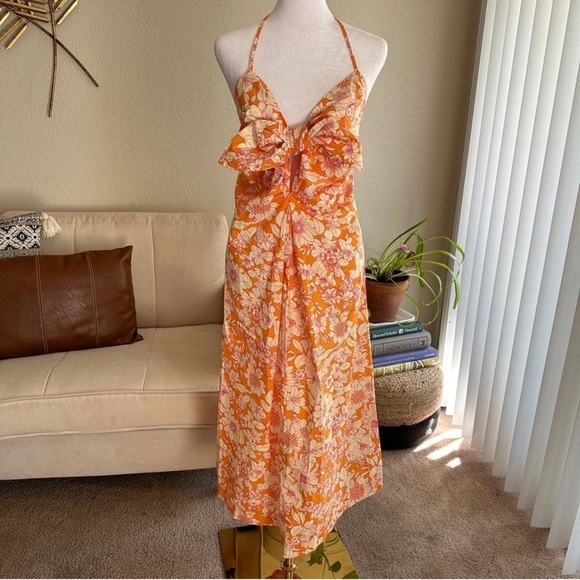 J. CREW Tie Front 100% Cotton Poplin Midi Loose Fit Dress in Orange Floral Small - Picture 4 of 15